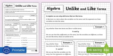 Unlike and Like Terms - Algebra Activity Sheet - Twinkl