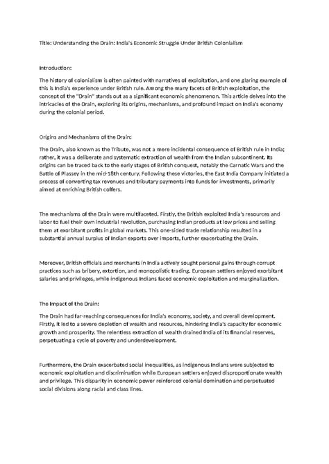 Drain - Notes - Title: Understanding the Drain: India's Economic ...