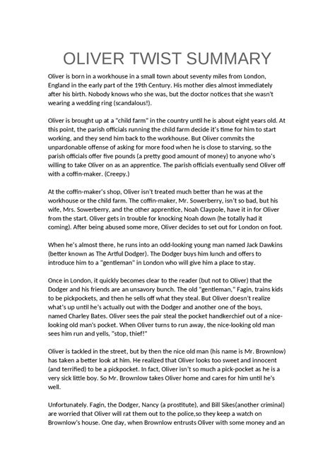 OLIVER TWIST SUMMARY - Docsity