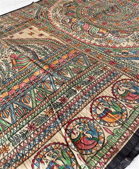 Black Half and Half Madhubani Hand Painted Pure Tussar Ghicha Silk ...