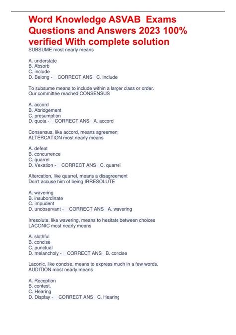 Word Knowledge ASVAB Exams Questions and Answers 2023 100% verified ...