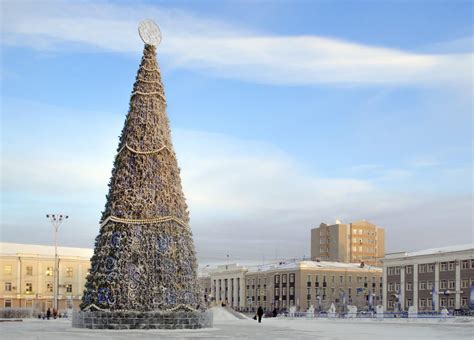 Yakutsk, Russian Federation, 2019 - New year tree in Yakutsk city. Christmas tree with snow ...