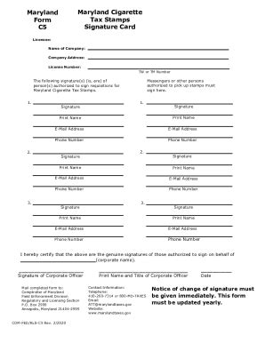 Fillable Online C5 Maryland Cigarette Tax Stamps Signature Card ...