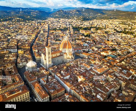 Aerial view of Florence cathedral, view of the Duomo with its Brunelleschi designed dome sited ...