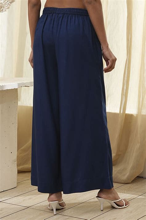 Navy Blue Viscose Solid Straight Palazzos at Biba India
