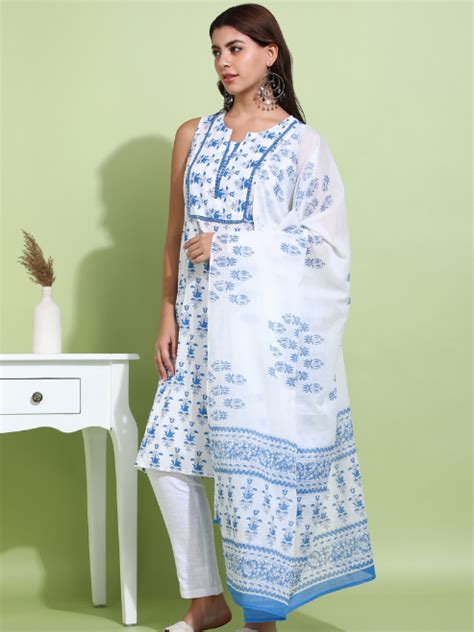 Yash Gallery Women’s Cotton Printed Sleeveless Straight Kurti with Pan