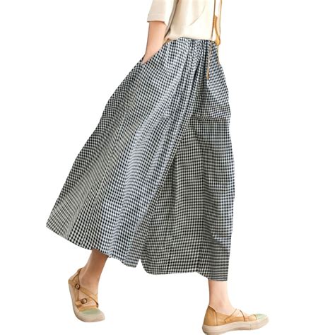Audhol Gingham Pants, Women's Cotton Linen Pants Elastic Waist Plaid ...