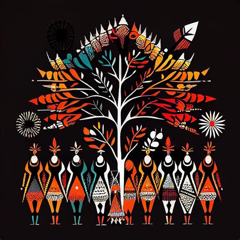 ArtsIndia Colorful Tales Warli Art Print on Black Background for ...