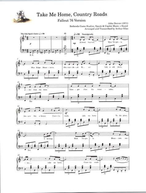 Take Me Home Country Roads - Digital Sheet Music for Piano Lyrics ...
