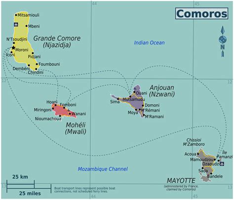 Political map of Comoros and Mayotte with cities, roads and airports ...