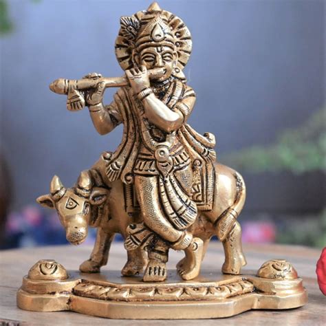 Brass krishna murti with cow lord krishna statue idol for home decor p ...