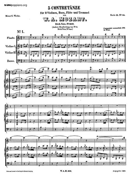 Wolfgang Amadeus Mozart-5 Country Dances, K. 609 琴谱/五线谱pdf-香港流行钢琴协会琴谱下载 ★