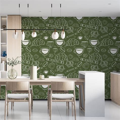 Cafeteria kitchen wallpaper in green color – Paper Plane Design