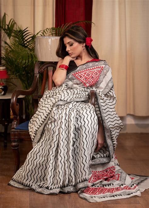 Exclusive block printed chanderi saree with hand embroidered Gujarati ...