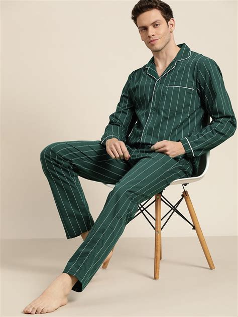 Hancock Men Bottle Green Stripes Pure Cotton Regular Fit Night Wear ...