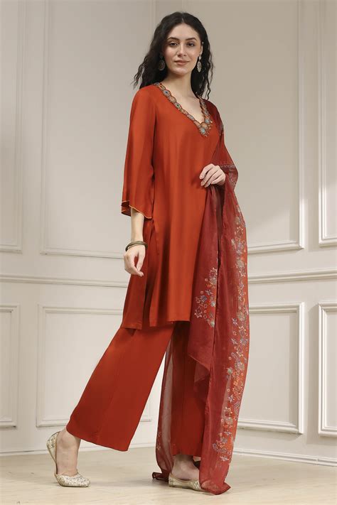 Buy Burnt Orange Solid Relaxed Straight Suit Set Online at Biba India