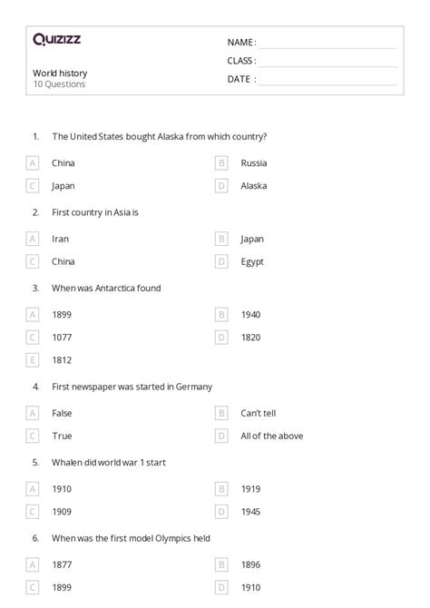 50+ World History worksheets for 1st Class on Quizizz | Free & Printable
