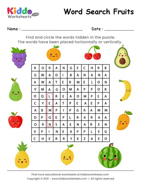 Free Printable Word Search Fruits Worksheet