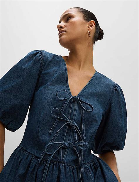Buy Denim V-Neck Tie Detail Midi Waisted Dress at Marks & Spencer