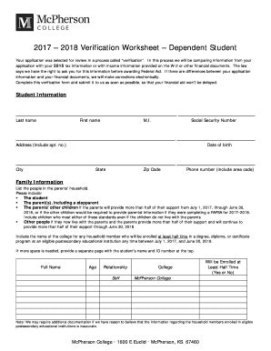 Fillable Online 2017 2018 Verification Worksheet Dependent Student Fax ...
