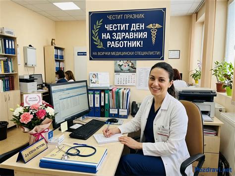 Усмихната Д-р Елена Петрова в кабинета си, празнуваща Деня на здравния ...