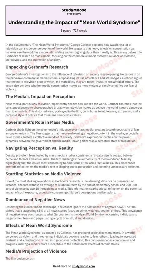 Understanding the Impact of "Mean World Syndrome" Free Essay Example