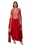 Buy Red Satin, Chanderi Beads V-neck Ratan Embroidered Cape Draped ...