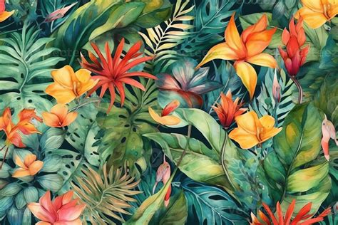Tropical plants watercolor seamless pattern monstera strelitzia ...