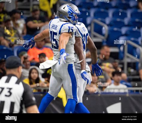 San Antonio, Texas, USA. 14th Apr, 2024. STL Battlehawks #15 RB Jacob Saylors jumping up and ...