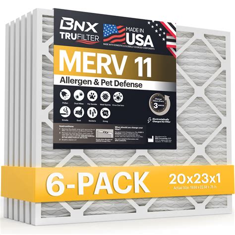 BNX TruFilter 20x23x1 MERV 11 Pleated Air Filter – Made in USA (6-Pack ...