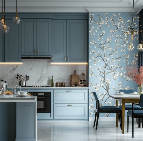 Classic Blue Kitchen with Floral Accent Wall and Marble Countertops