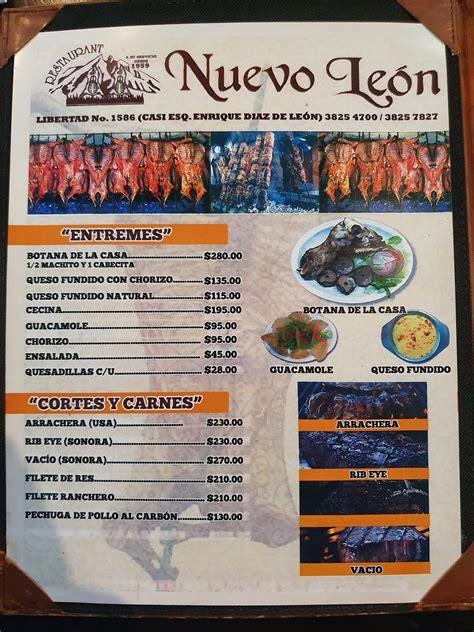 Carta de Restaurant Nuevo León, Guadalajara
