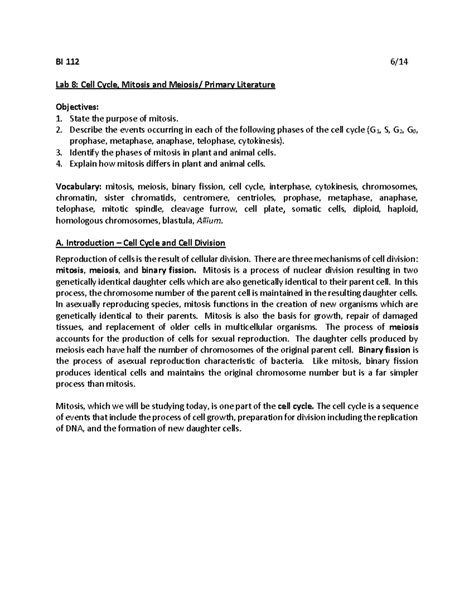 Bi 112 Lab 8 - BI 112 6/ Lab 8: Cell Cycle, Mitosis and Meiosis ...