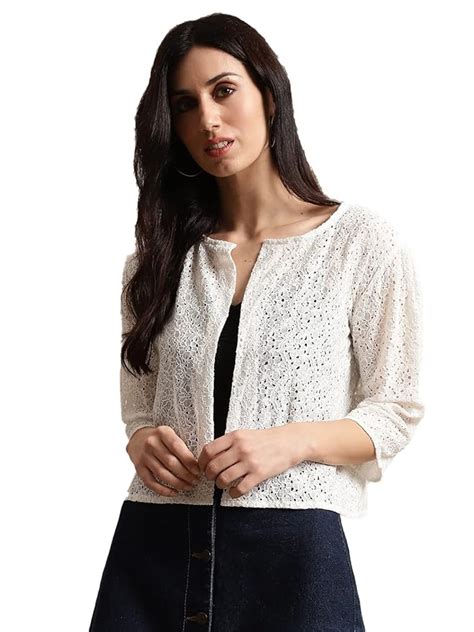 Buy UnaOne Women Off-White Self Design Cotton Open Front Shrug at Amazon.in