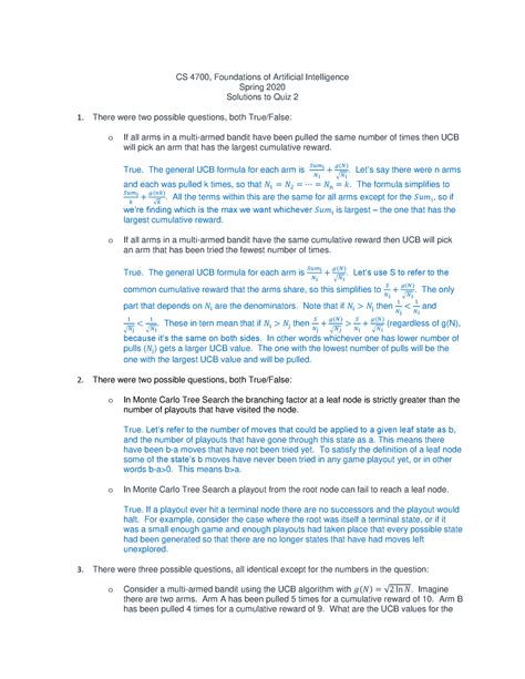 4700 2020sp q2 solutions - CS 4700, Foundations of Artificial Intelligence Spring 2020 Solutions ...
