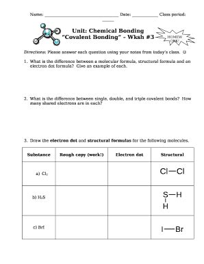 Unit Chemical Bonding Covalent Bonding Wksh 3 Answer Key - Fill and ...