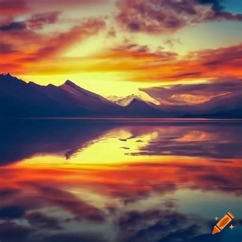 Mountain lake at sunset with sun rays reflecting on the water on Craiyon