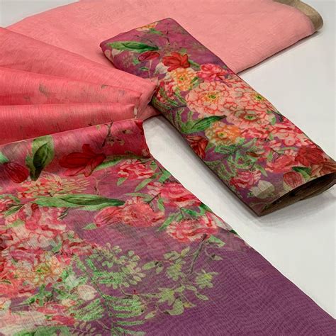 Peach & Purple Floral Printed Cotton Silk Saree