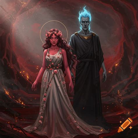 Persephone in a floral dress and Hades with blue flame hair stand in a ...