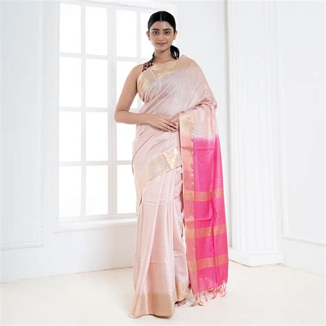 Buy Now! Offwhite Blended Cotton Silk Saree with Pink Pallu – Boveee