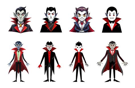Set of cartoon vampires with red capes and fangs isolated on a white ...