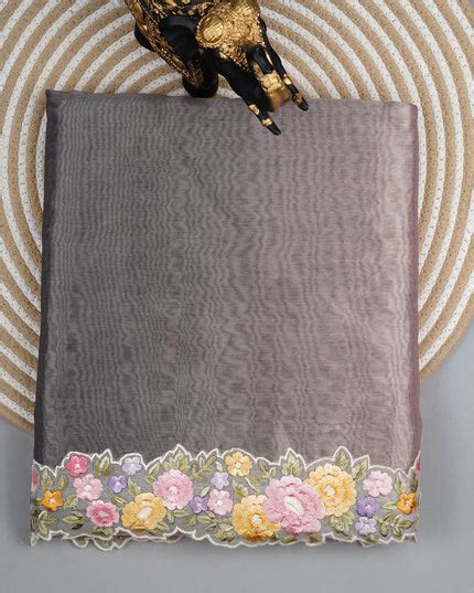 Tissue linen saree with Embroidery work scallop border - Green & Peach ...