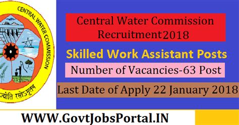 Central Water Commission Recruitment 2018 – 63 Skilled Work Assistant