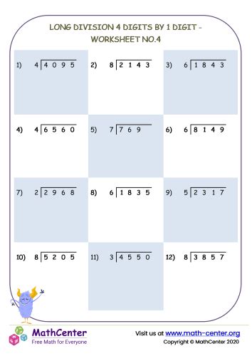 Long division 4 digits by 1 digit - worksheet no.4 | Worksheets | Math ...