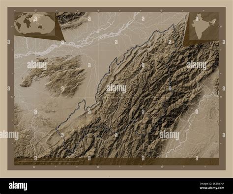 Nagaland, state of India. Elevation map colored in sepia tones with lakes and rivers. Corner ...