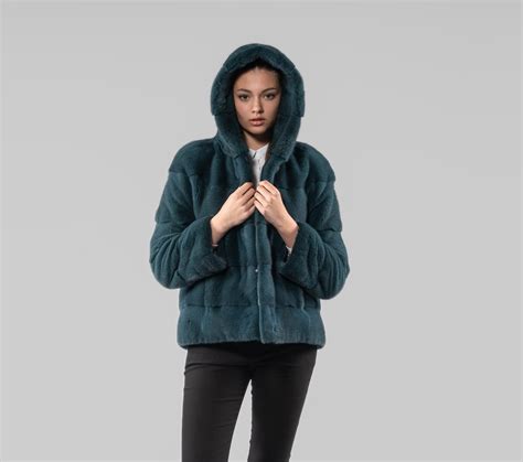 Hooded Dark Green Mink Fur Jacket - Real Fur Coats - Horizontal Layers