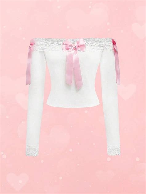 ROMWE Y2K Style Cute & Sexy Lace Trim Off Shoulder Bow T-Shirt | SHEIN USA