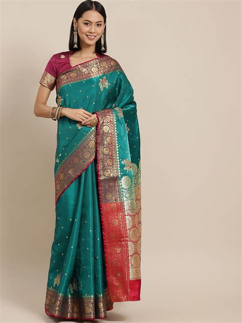 FDLN2063 Teal Kanjeevaram Zari & Resham Embroidered Saree with Peacock ...