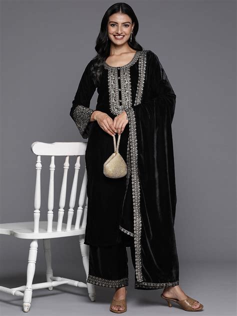 Buy Black Yoke Design Velvet Straight Suit With Dupatta Online at Rs ...