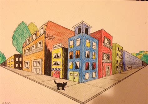 Cat surveying a city. My attempt at two-point perspective drawing. Two ...